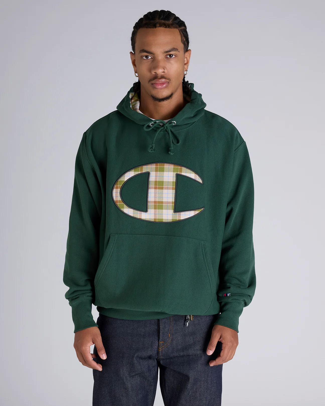Reverse Weave Plaid Panel Hoodie