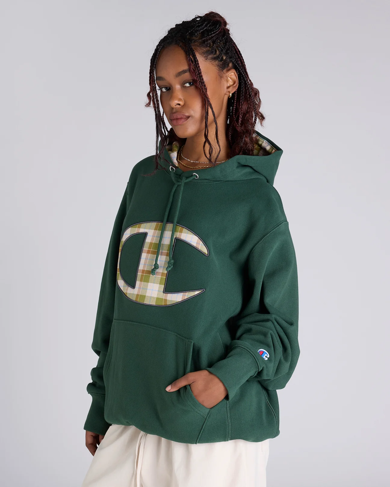 Reverse Weave Plaid Panel Hoodie - Image 6