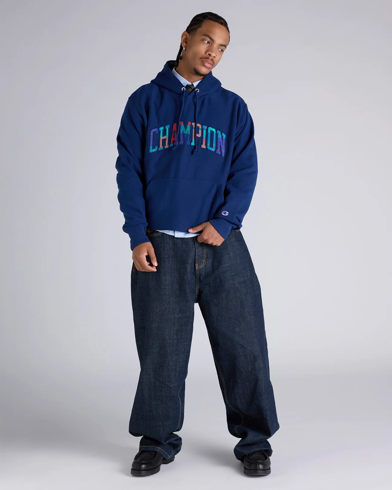 Reverse Weave Plaid Panel Hoodie - Image 4